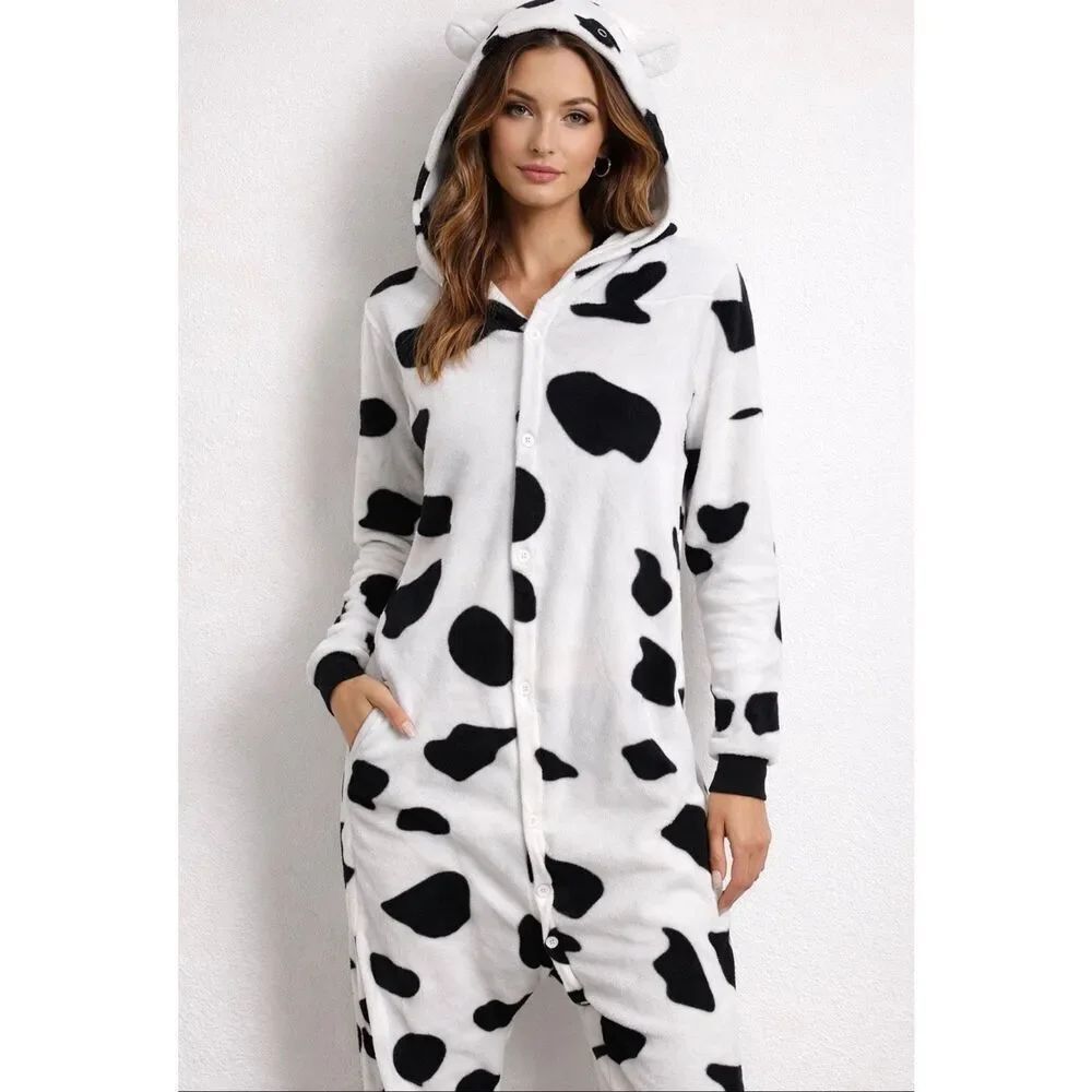 Rare Funziez! Cow Print Fleece Onesie Pajama Hood Soft Cozy Lounge Wear Size M